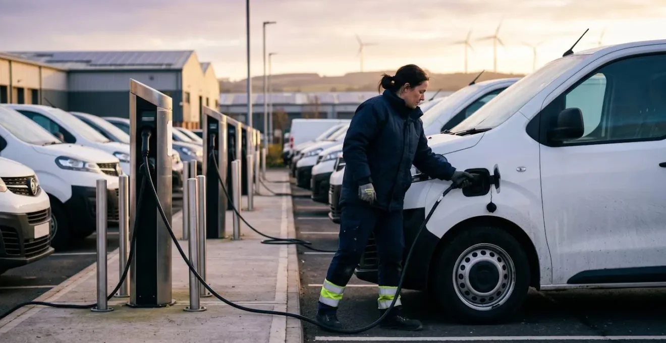 Modern UK commercial electric vehicle fleet charging at solar-powered stations