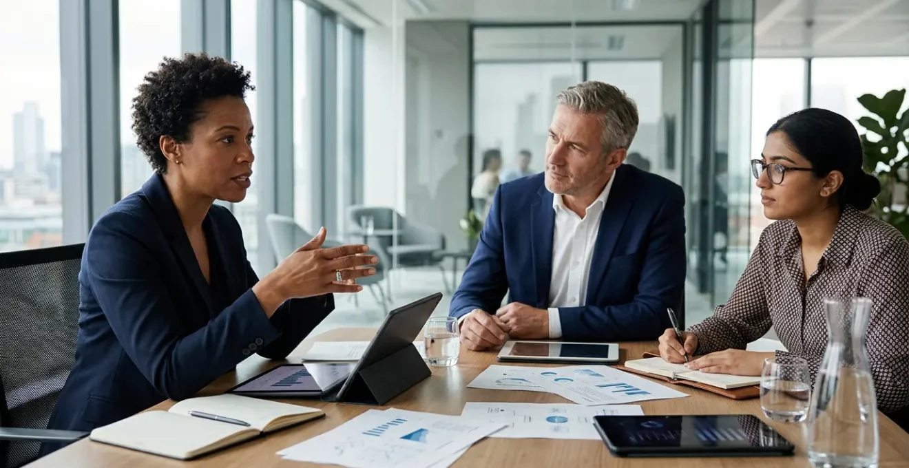 Finance executives analyzing operational cost reduction strategies in modern UK office setting