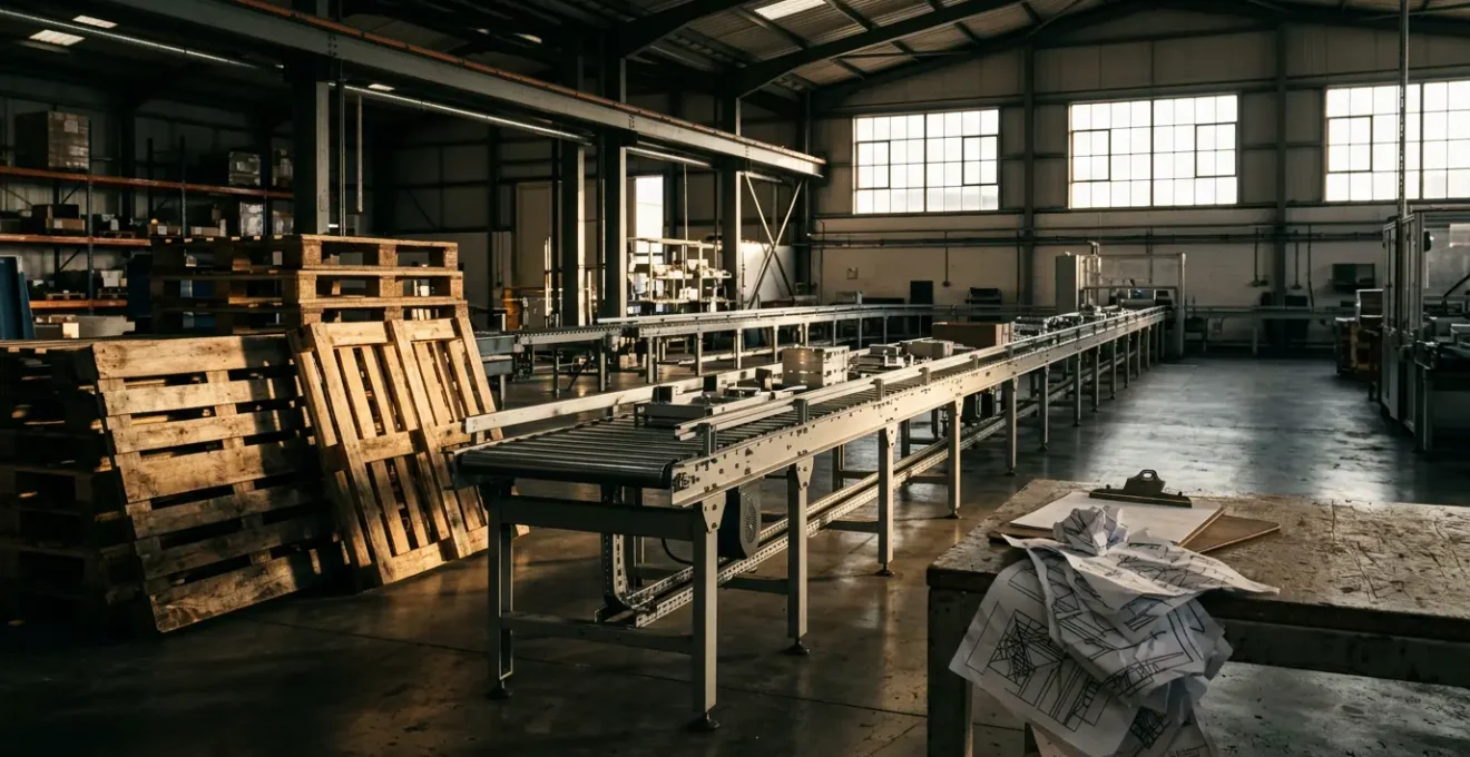 A UK manufacturing warehouse with a stalled conveyor belt system and stacks of unpaid invoice papers casting long shadows across empty pallets