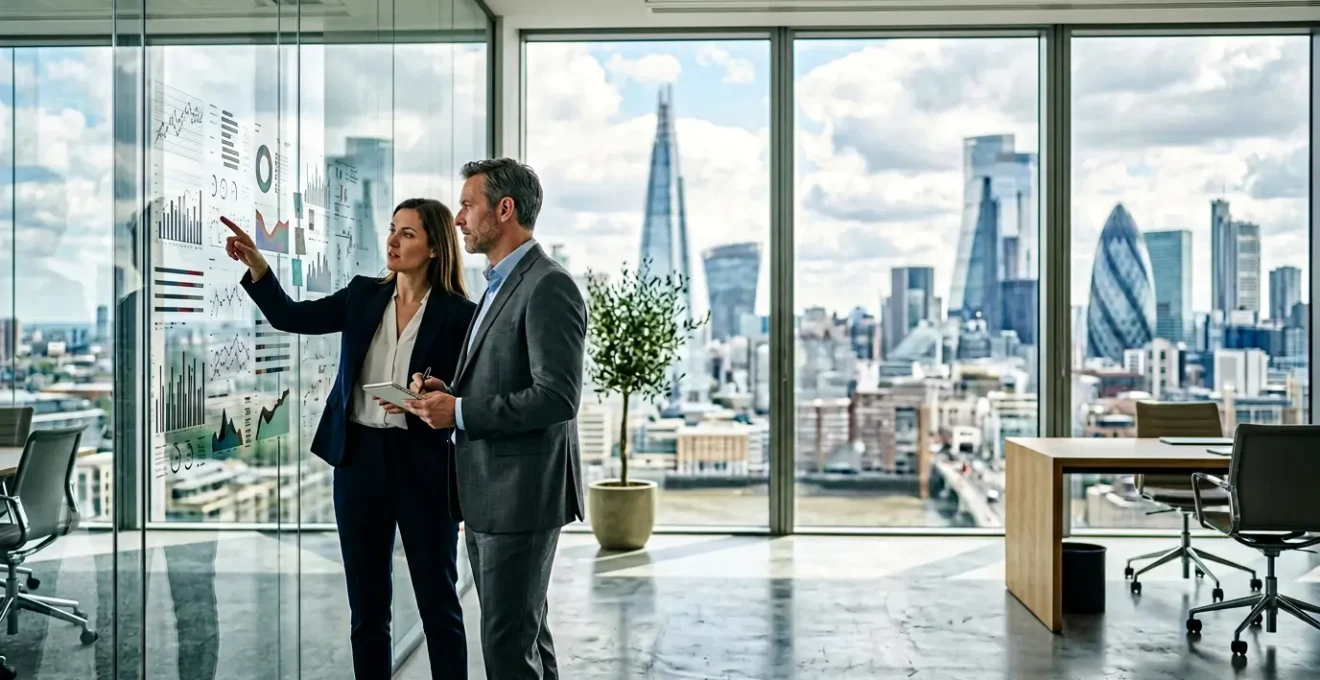 Strategic business professionals analyzing UK market data in modern office setting