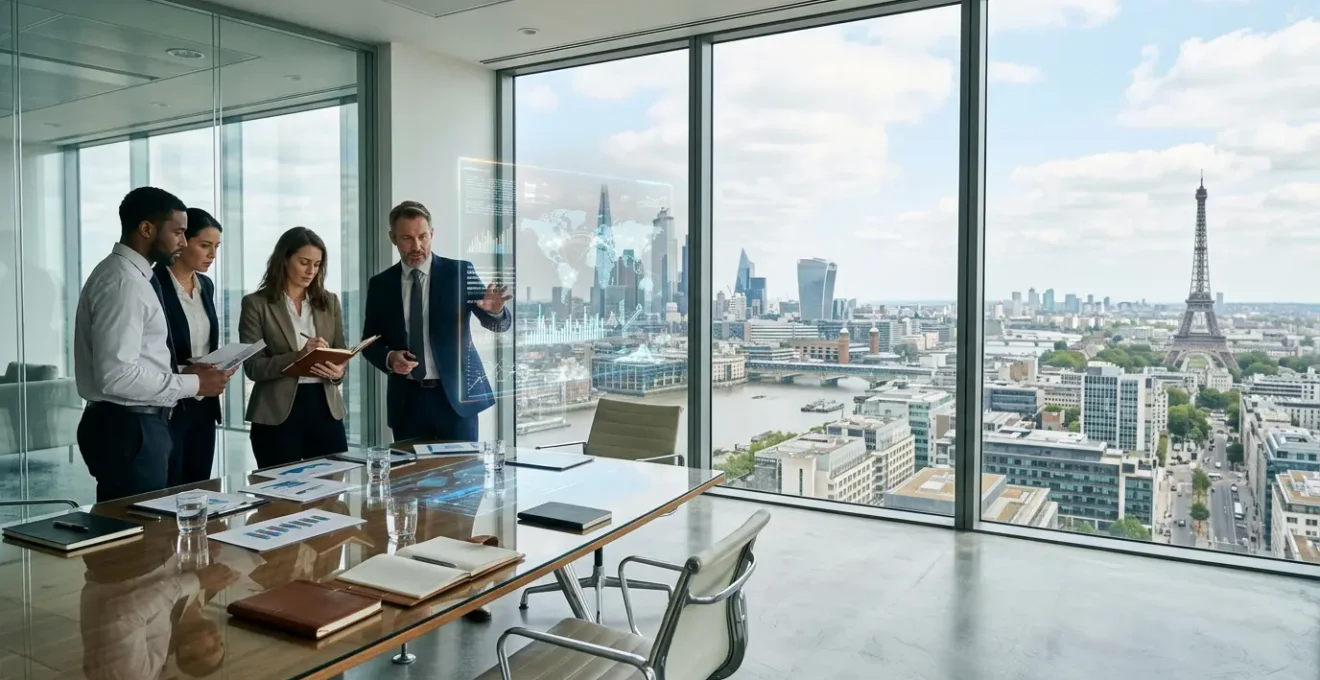 UK retail professionals analyzing European market expansion strategies in modern office with financial documents and digital displays