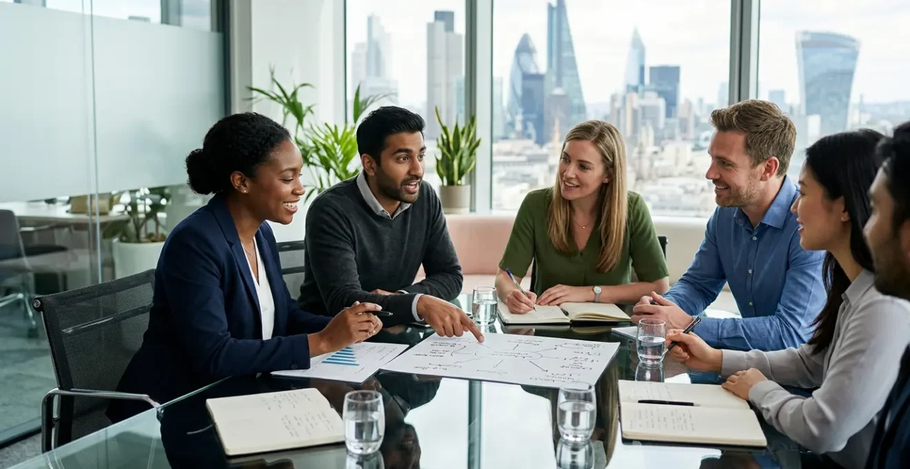 UK business teams collaborating around modern conference table with strategic planning materials