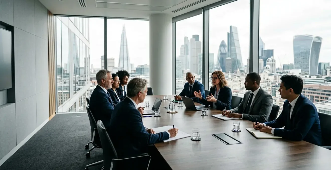 Professional UK business boardroom meeting demonstrating corporate stewardship practices
