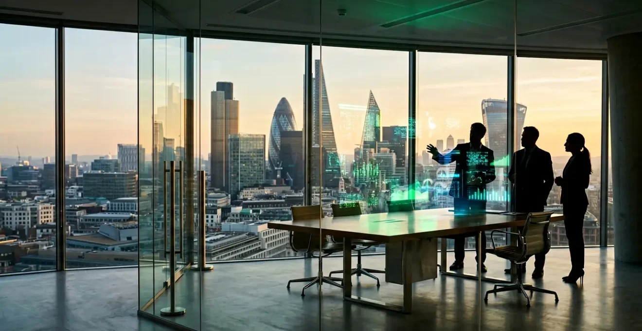 Modern UK corporate boardroom with executives reviewing sustainability data on holographic displays, City of London skyline visible through windows