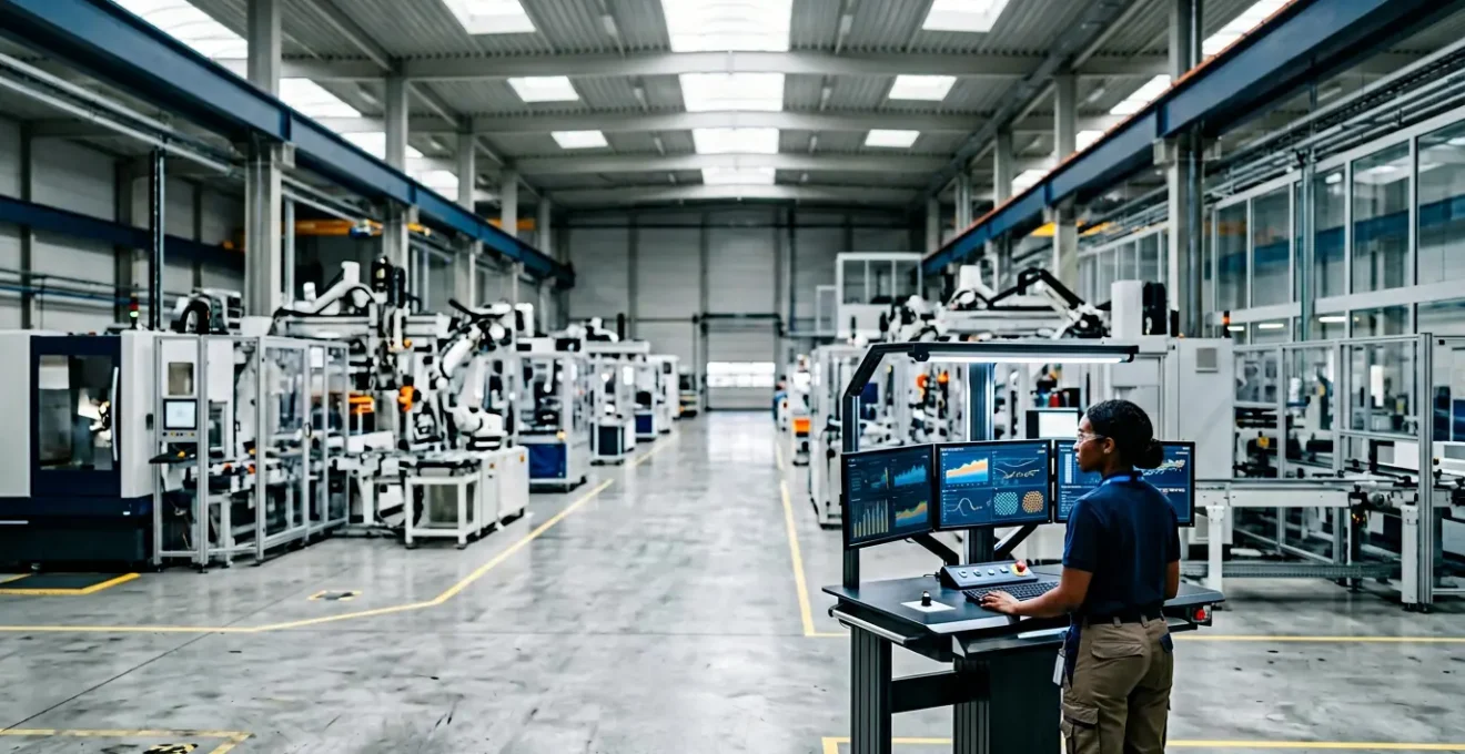 Real-time manufacturing data dashboard showing production metrics and margin analysis on modern factory floor