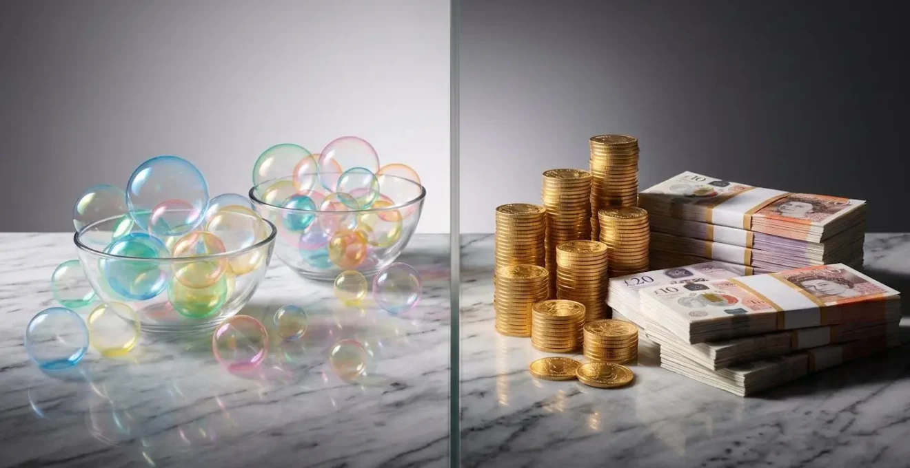Split composition showing superficial social metrics transforming into meaningful financial indicators