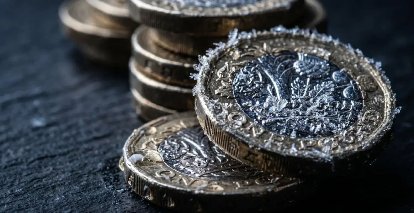 Macro shot of frost crystals forming on metal coins showing seasonal cash freeze metaphor